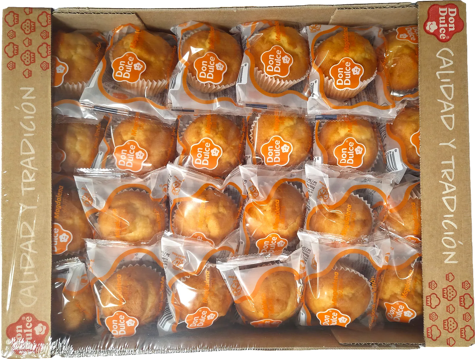 Box of 48 DonDulce muffins seen from above, with the muffins individually wrapped